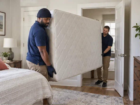 Two removal workers carrying a mattress through a bedroom doorway