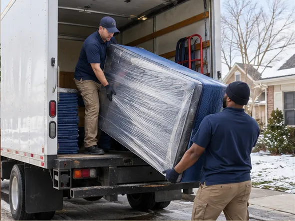Removal crew preparing a bedroom item for transport