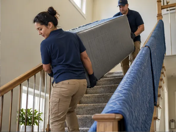 Removal crew preparing a bedroom item for transport