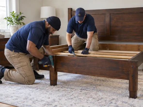 Removal crew preparing a bedroom item for transport
