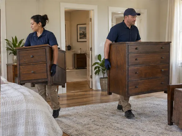 Removal crew preparing a bedroom item for transport