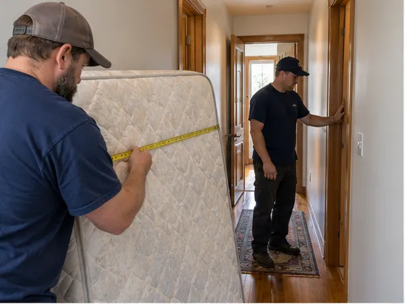 Removal worker measuring a mattress before moving it